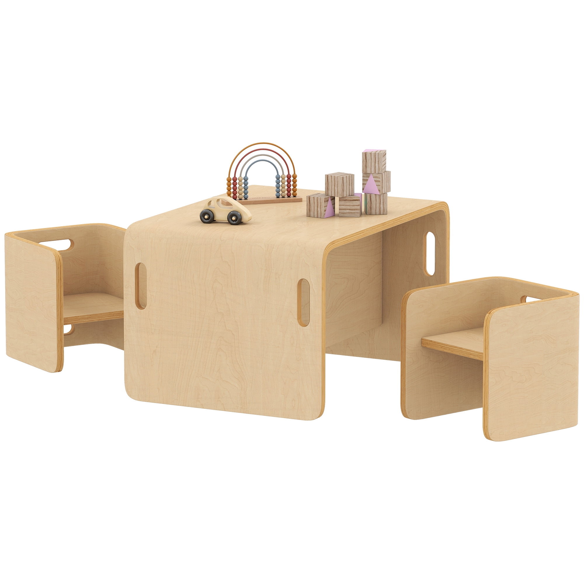 Qaba Toddler Table and Chair Set, Wooden Activity Table with Two Kids Montessori Chairs for Ages 3-8, Play, Eating and Learning, Natural Wood
