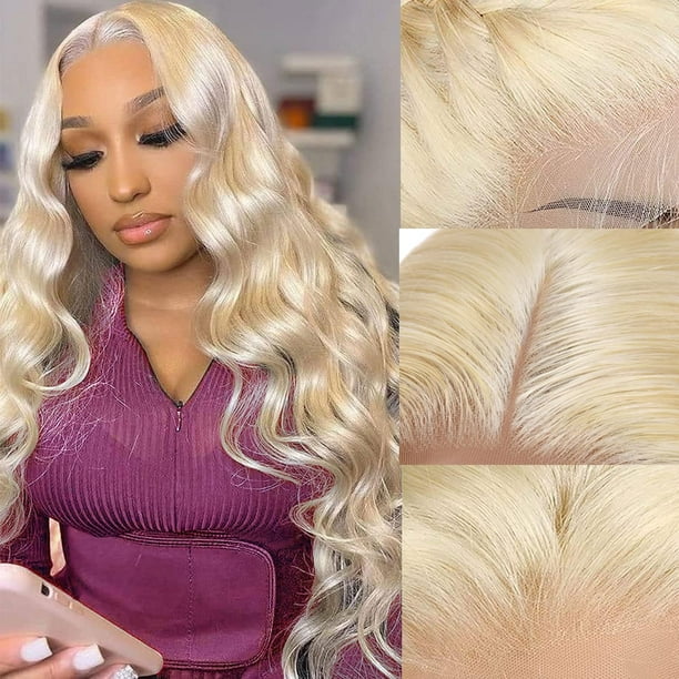 Alimoonbeam 613 peluca frontal de encaje cabello humano 13X4 cuerpo ondulado rubio encaje frente pelucas cabello humano 180% densidad 613 HD encaje frontal peluca pre arrancada con pelo de bebé 26 pul