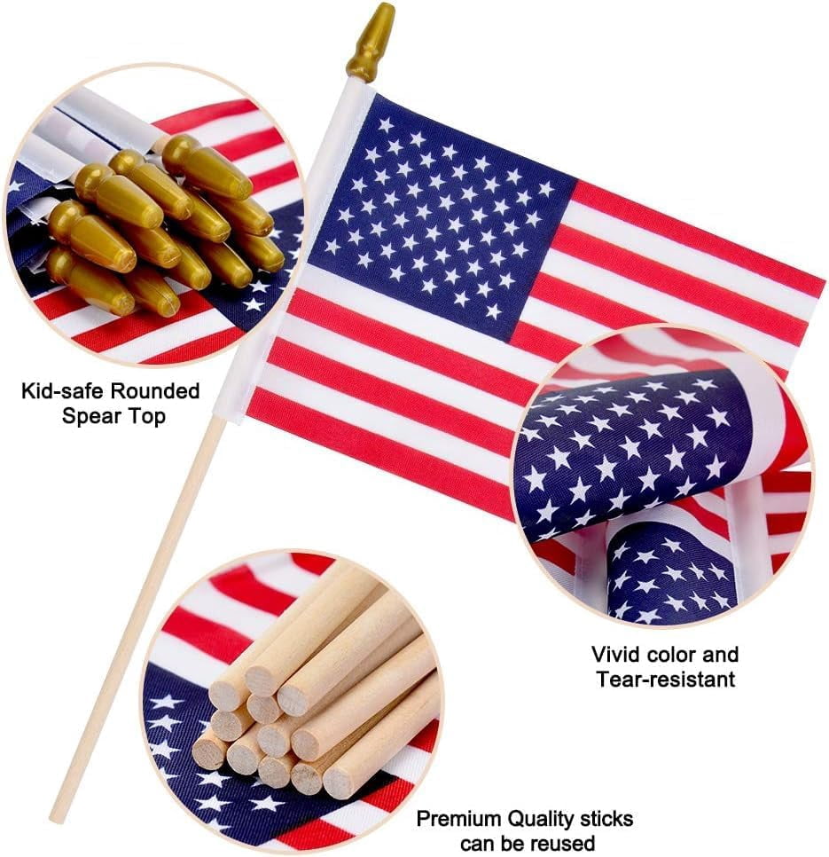 100 Pack 5x8 Inch Small American Flags on Stick,Mini Flags/US Handheld Stick Flags with Kid-Safe Spear Top, Perfect for Memorial Day Decorations, Independence Day, 4th of July Outdoor Decor,Yard Flags