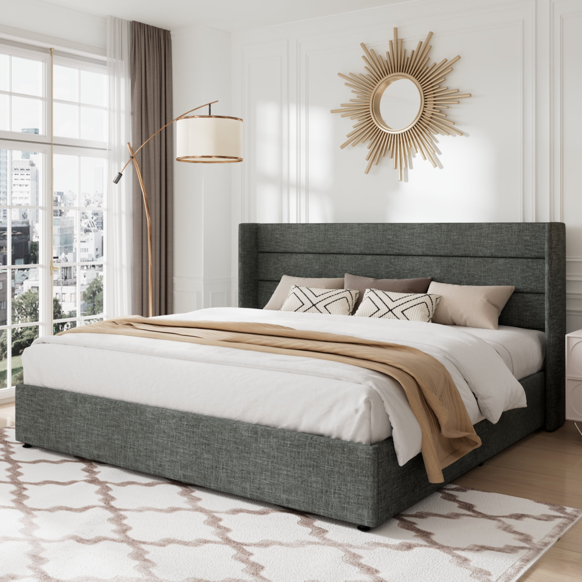 Allewie King Size Lift Up Platform Storage Bed Frame with Channel Wingback Headboard, Dark Grey