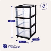 HOMZ 3-Drawer Cart Organizer with Removeable Wheels, Medium, Black & Clear