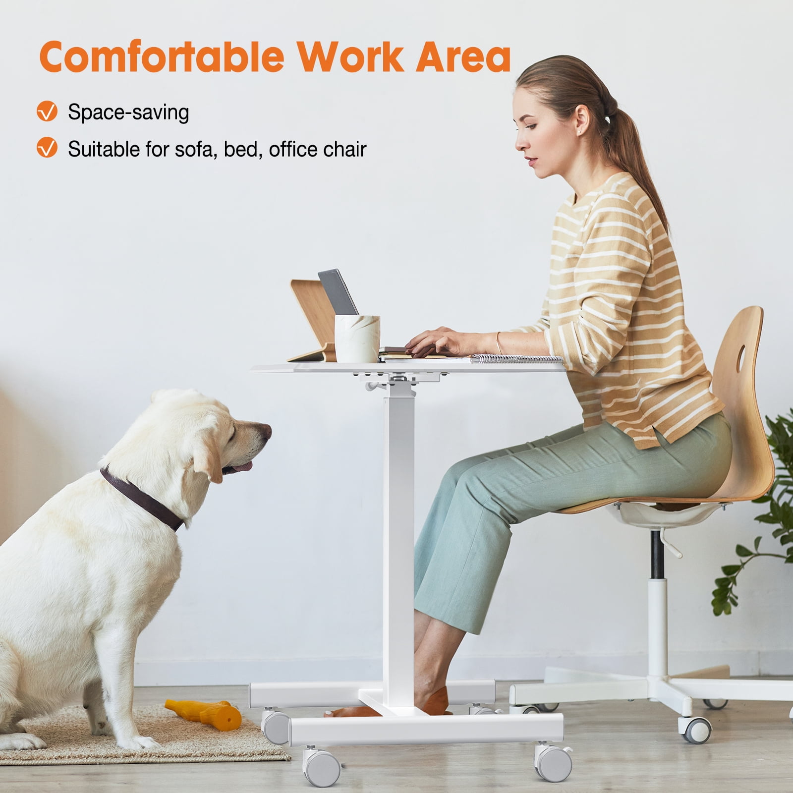 Blazezo Small Rolling Desk with Wheels, Portable Standing Desk Adjustable Height, Small Computer Desk with Lockable Casters, Compact Workstation for Home Office Use, 19 Inch Tabletop White