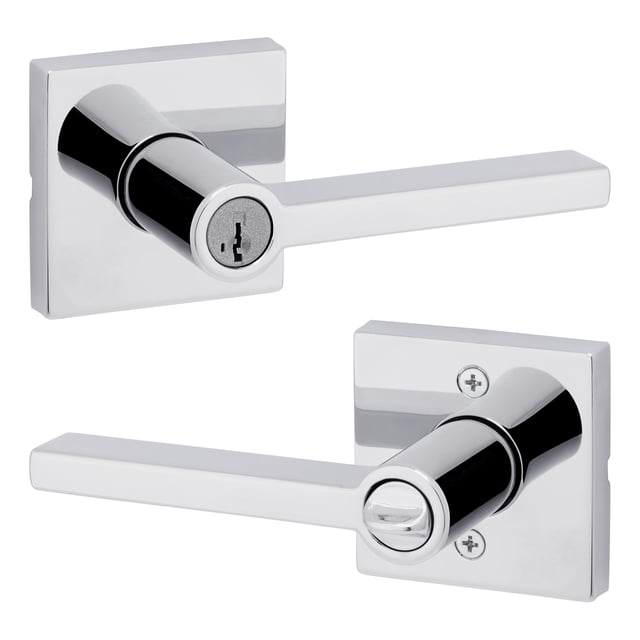 Kwikset Poignée de Porte d'Entrée Halifax avec Serrure et Clé, Levier Extérieur Réversible à Clé Sécurisée, Serrure de Porte, pour Entrée avant et Chambres, Chrome Poli