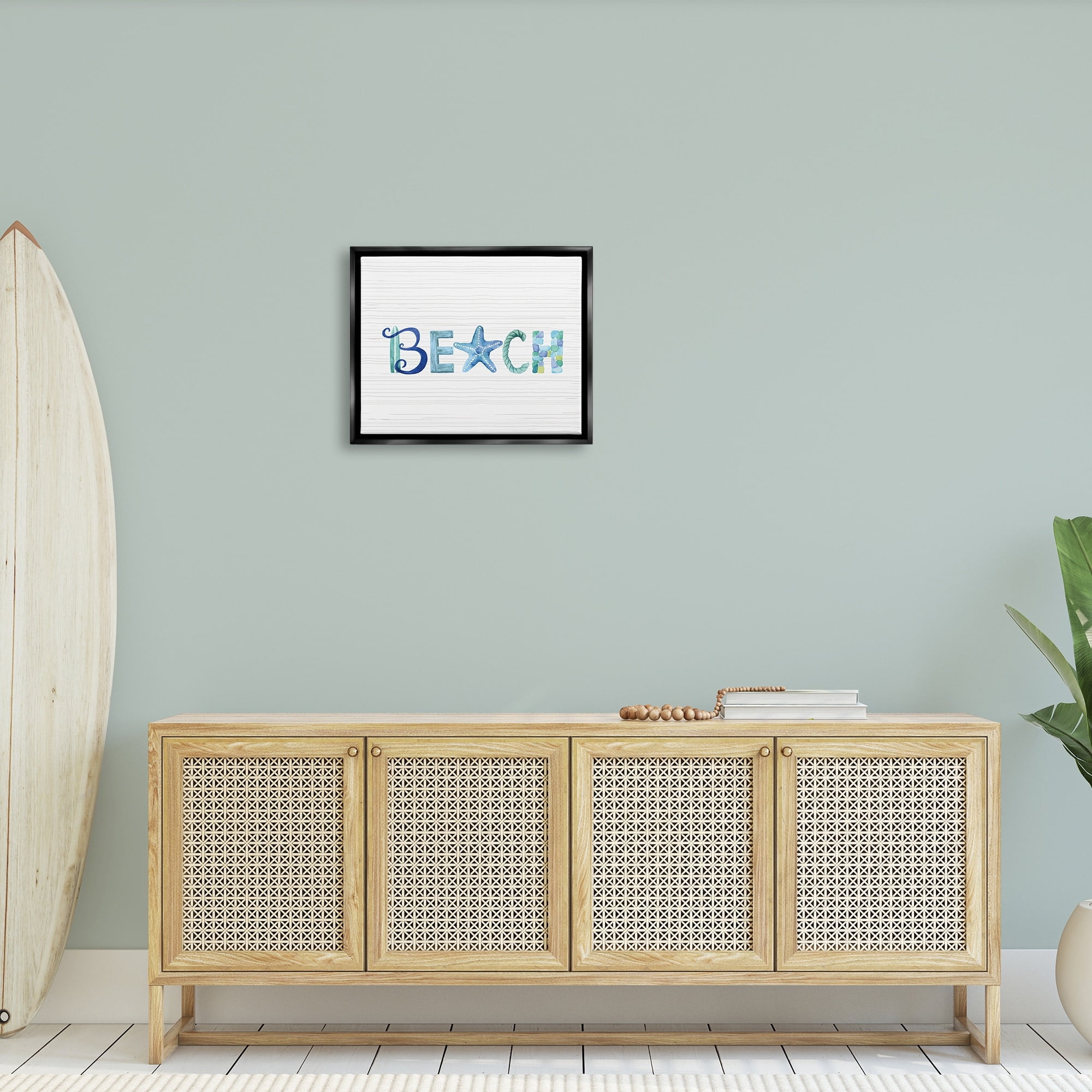 Stupell Industries Beach Letters Typography Sea Life Pebbles Rope Graphic Art Jet Black Floating Framed Canvas Print Wall Art, Design by Sharon Lee