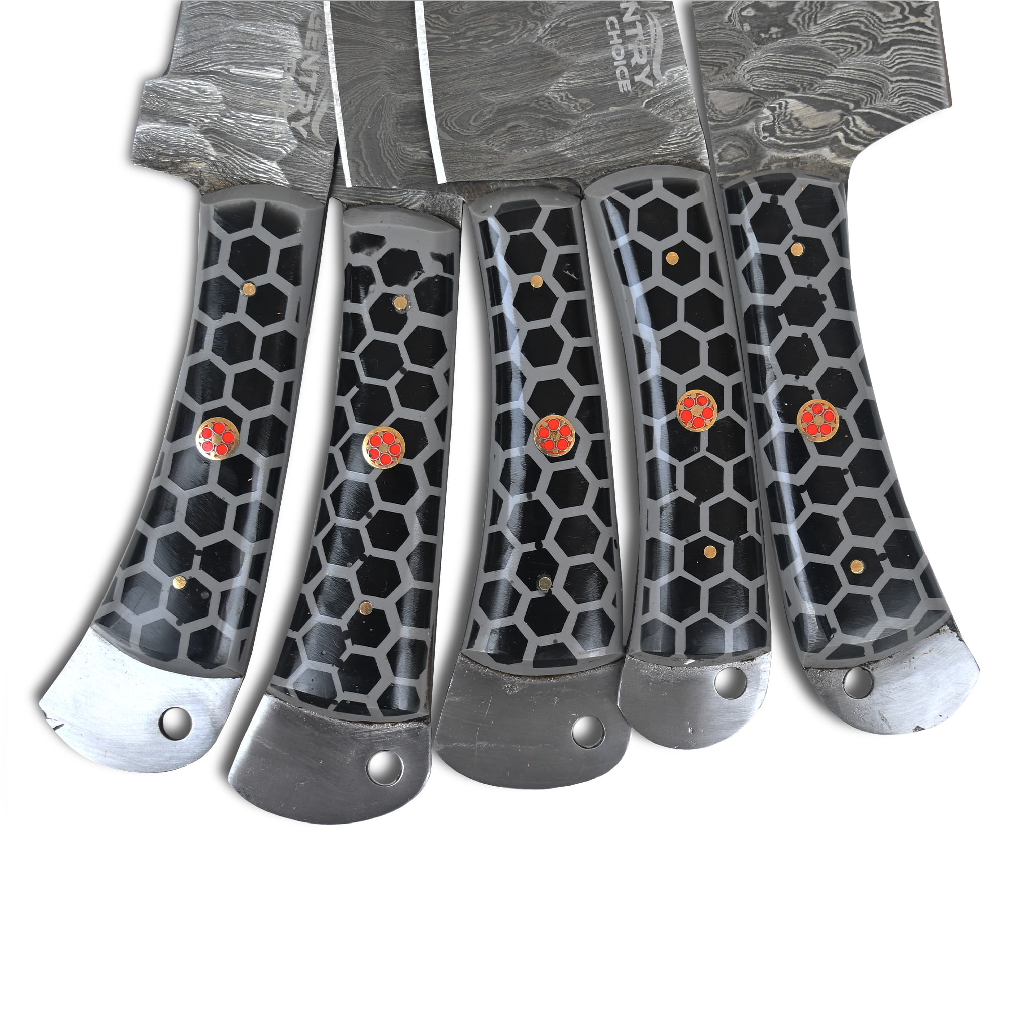 Damascus Kitchen Knife Set 5 Piece, High Carbon Steel Chef Knives with Resin & Mosaic Handles, Razor Sharp with Leather Sheath