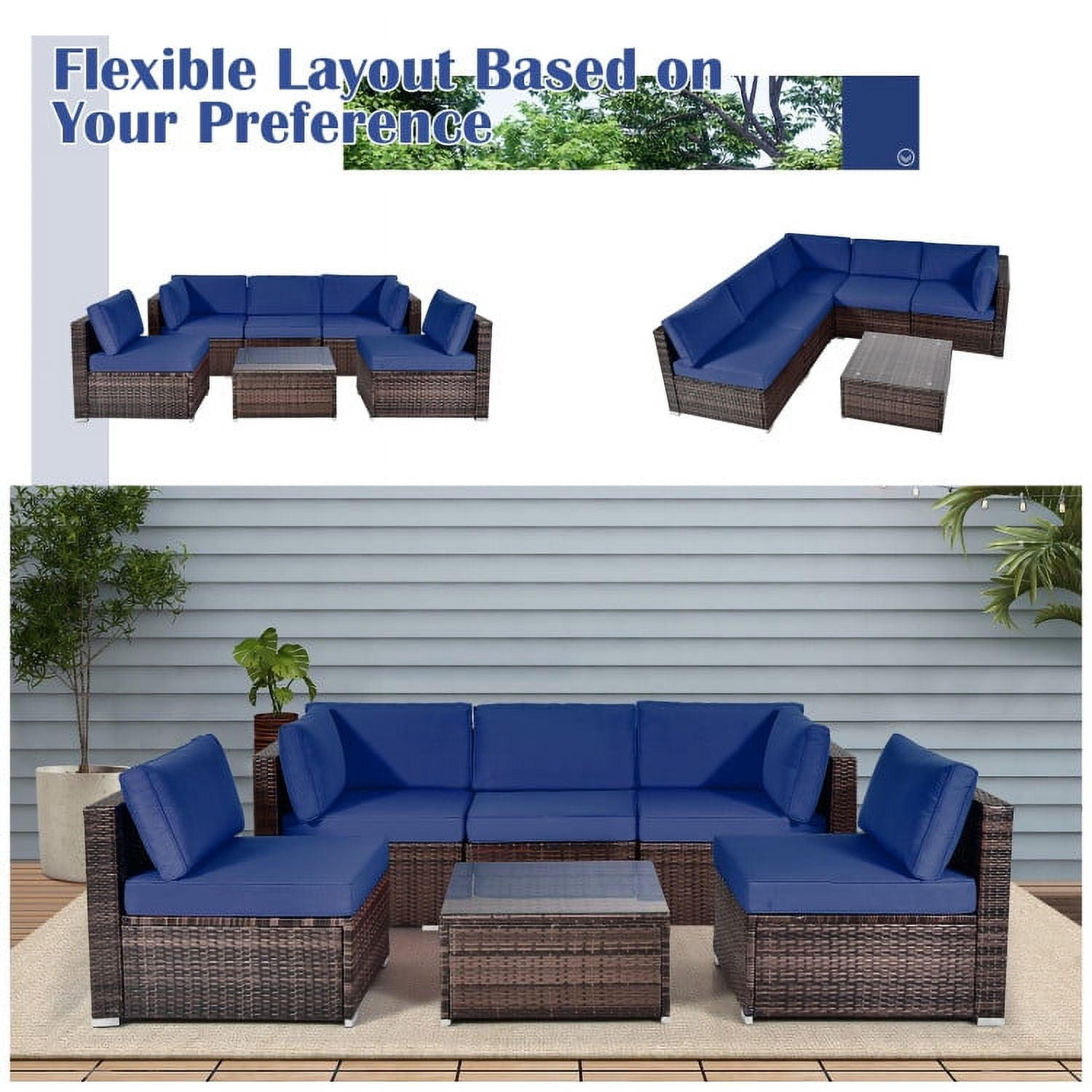 Aimee Lii 6 Pieces Patio Rattan Sectional Furniture Set with Cushions and Coffee Table, Outdoor Deck Furniture, Navy