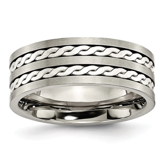 Titanium Sterling Silver Braided Inlay 8mm Brushed and Antiqued Band