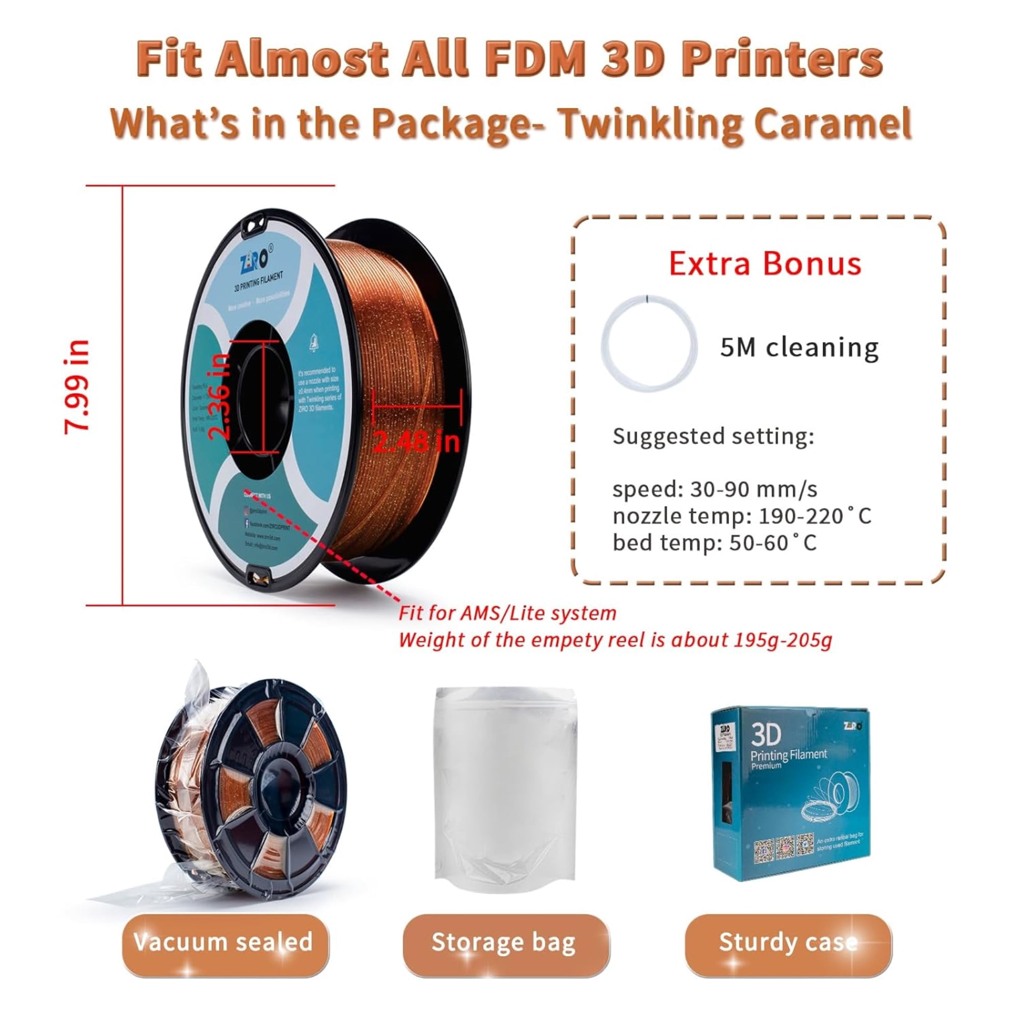 Ziro 3D Twinkling PLA Filament 1.75mm 1kg, Caramel