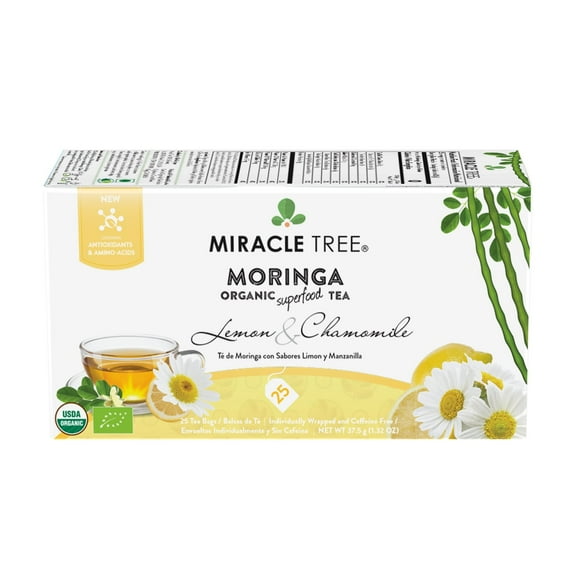 Miracle Tree Organic Moringa Herbal Tea Bags, Lemon & Chamomile, 25 Count