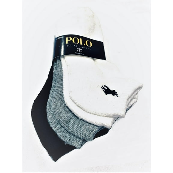 Polo Ralph Lauren Boy's 3 Pairs/Pack No Show Socks, Shoe Size 13C-3Y, White/Grey/Black