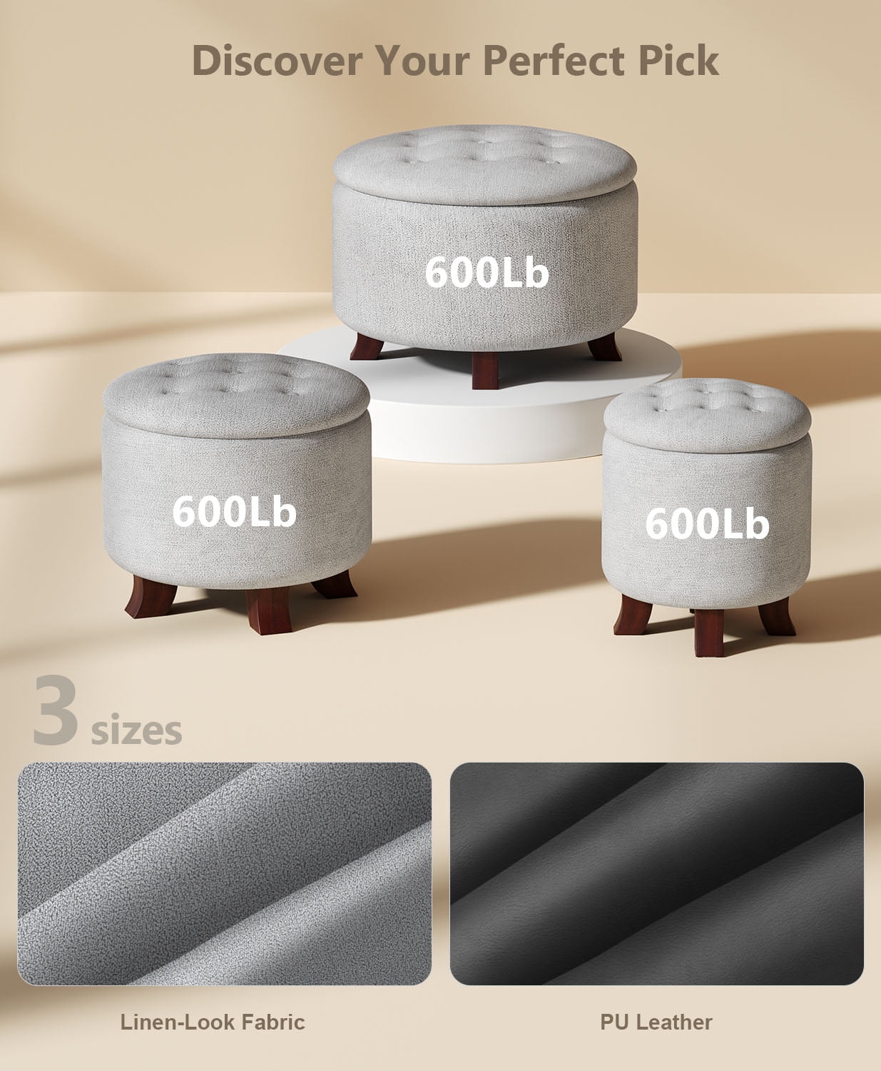 OSM Ottoman,Round Foot Rest Stool, Upholstered Large Ottoman Chair with Storage for Living Room & Bedroom, Decorative Home Furniture, Gray