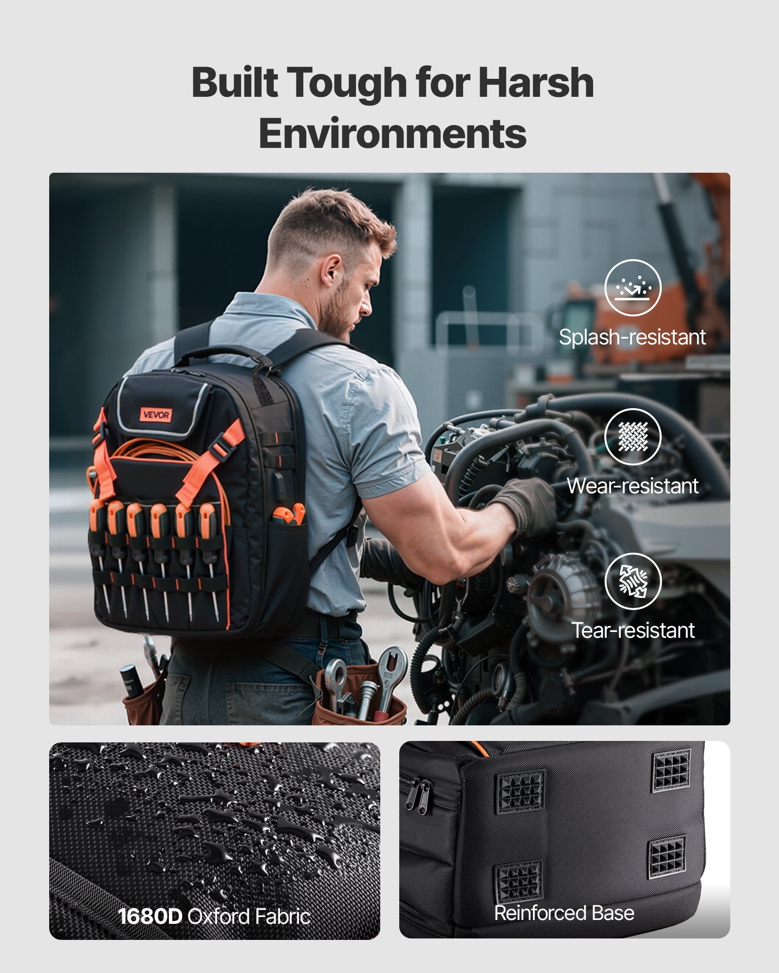 VEVOR Tool Backpack, 45 Pockets, Heavy-duty Tools Storage Organizer Work Bags with Laptop Compartment & Reinforced Fabric Basee, Electrician Jobsite Backpack for Electrician, Repairman