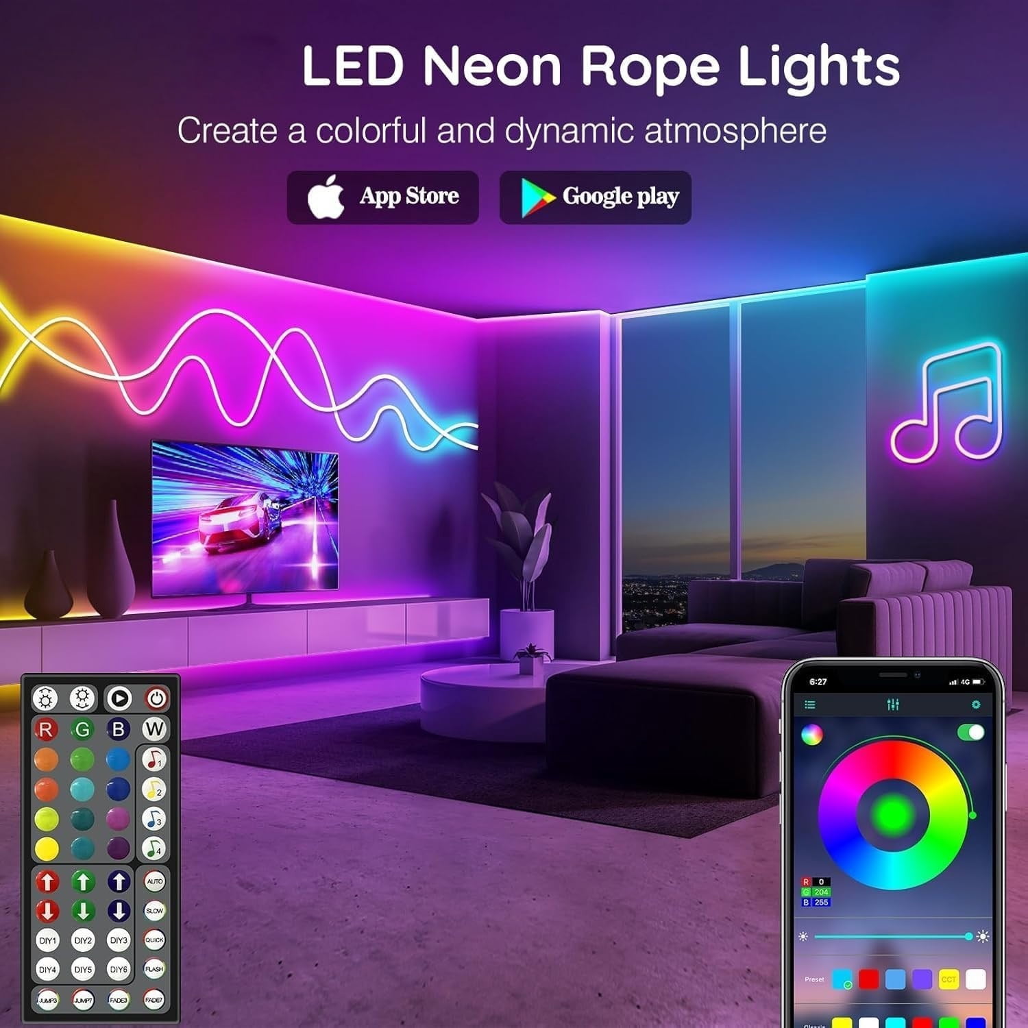 16Ft/ 33Ft / 49Ft  LED Neon Rope Lights, Music Sync Waterproof IP65 Outdoor/Indoor RGB Strip Lights Christmas Xmas Decoration Lights