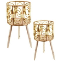2pcs Woven Plant Pot on Standing Legs Household Planter Pot Basket Wooden Flower Stand