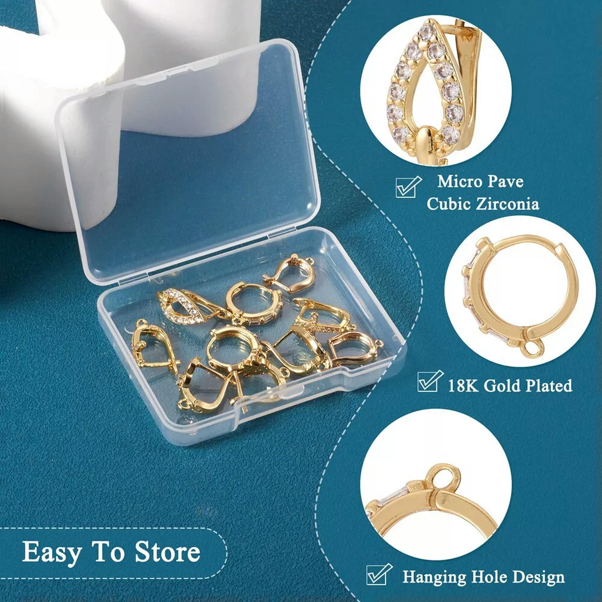 EOEMY 10Pcs Brass Micro Pave Cubic Zirconia Hoop Earring Findings Latch Back 15~19mm