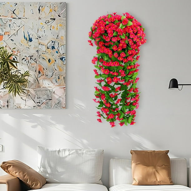 Cesta colgante de enredaderas de flores de rosa artificial | Varilla de 85cm de largo | 12 Puntas | Envoltura floral de plástico | Planta decorativa montada en la pared | Decoración de techo para