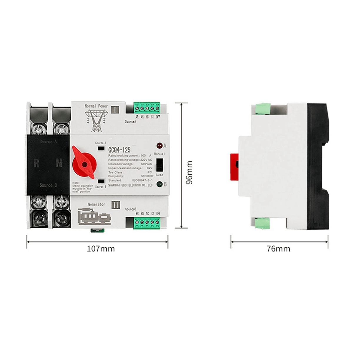 2X Single Phase Din Rail ATS 220V PC Dual Power Automatic Transfer Switch 2P 100A Household Power Transfer Switch