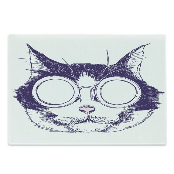 Cat Lover Cutting Board, Funny Cool Cat Head Portrait with Sunglasses Sketchy Illustration, Decorative Tempered Glass Cutting and Serving Board, in 3 Sizes, by Ambesonne