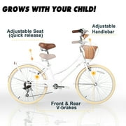 Glerc Missy 24 Girl Cruiser Kids Bike Shimano 6-Speed Teen Hybrid City Bicycle with Rack for Youth Ages 7 8 9 10 11 12 13 14 Years Old Wicker Basket & Lightweight, White