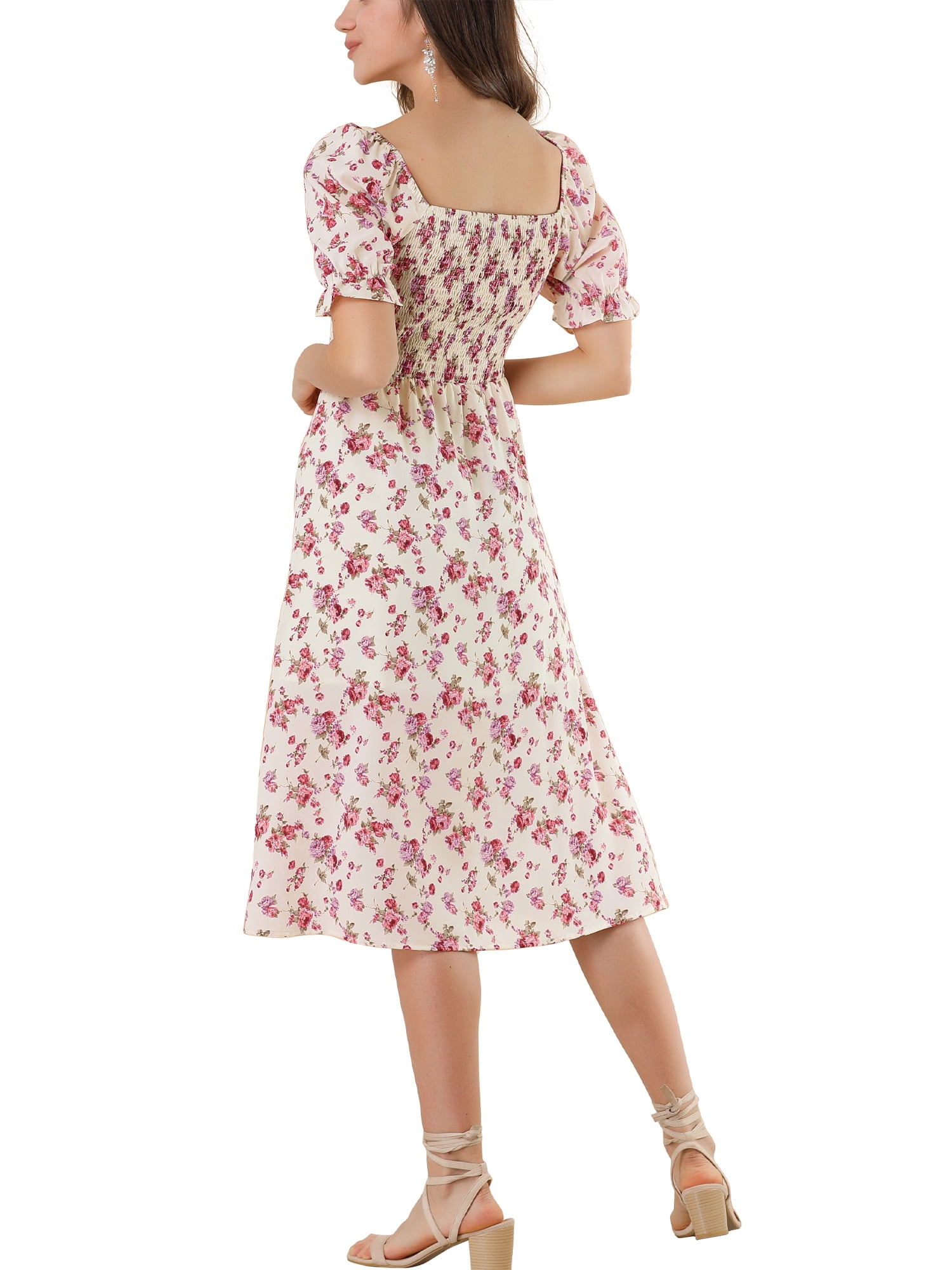 DARING DIVA Square Neck Puff Sleeves Smocked Waist Midi Floral Dres S Beige