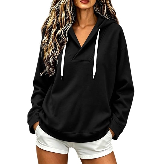 Aezemi V Neck Hoodie Sweatshirts Women Drawstring Pullover Fashion Workout Casual Winter Fall Outfits Womens Fashion Comfy Daily All Match Sweatshirts M