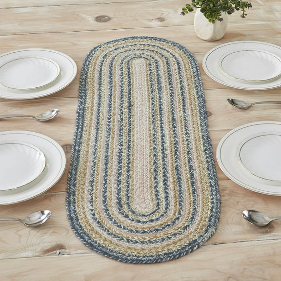 VHC Brands Kaila Farmhouse 12"x36" Table Runner Blue Textured Jute/Wool Blend Striped Oval Kitchen Table Decor