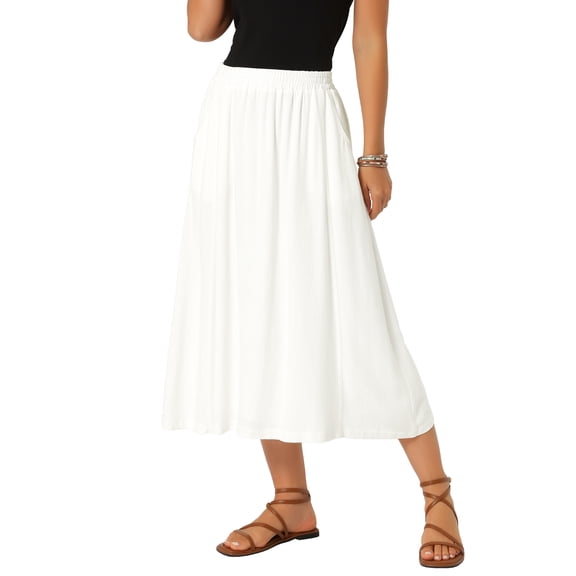 INSPIRE CHIC Women's Linen Skirt Summer Casual Flowy Swing Elastic High Waist A-Line Boho Midi Skirts with Pockets S White