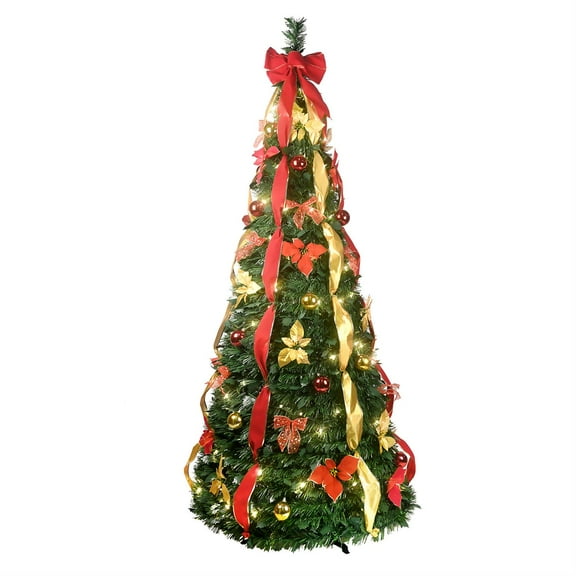 Demi Bonn 7.5ft Artificial Christmas Tree with 200 Lights, Gold & Red Balls, Flowers & Ribbons for Indoor Holiday Decor, Vibrant & Festive Style, Green