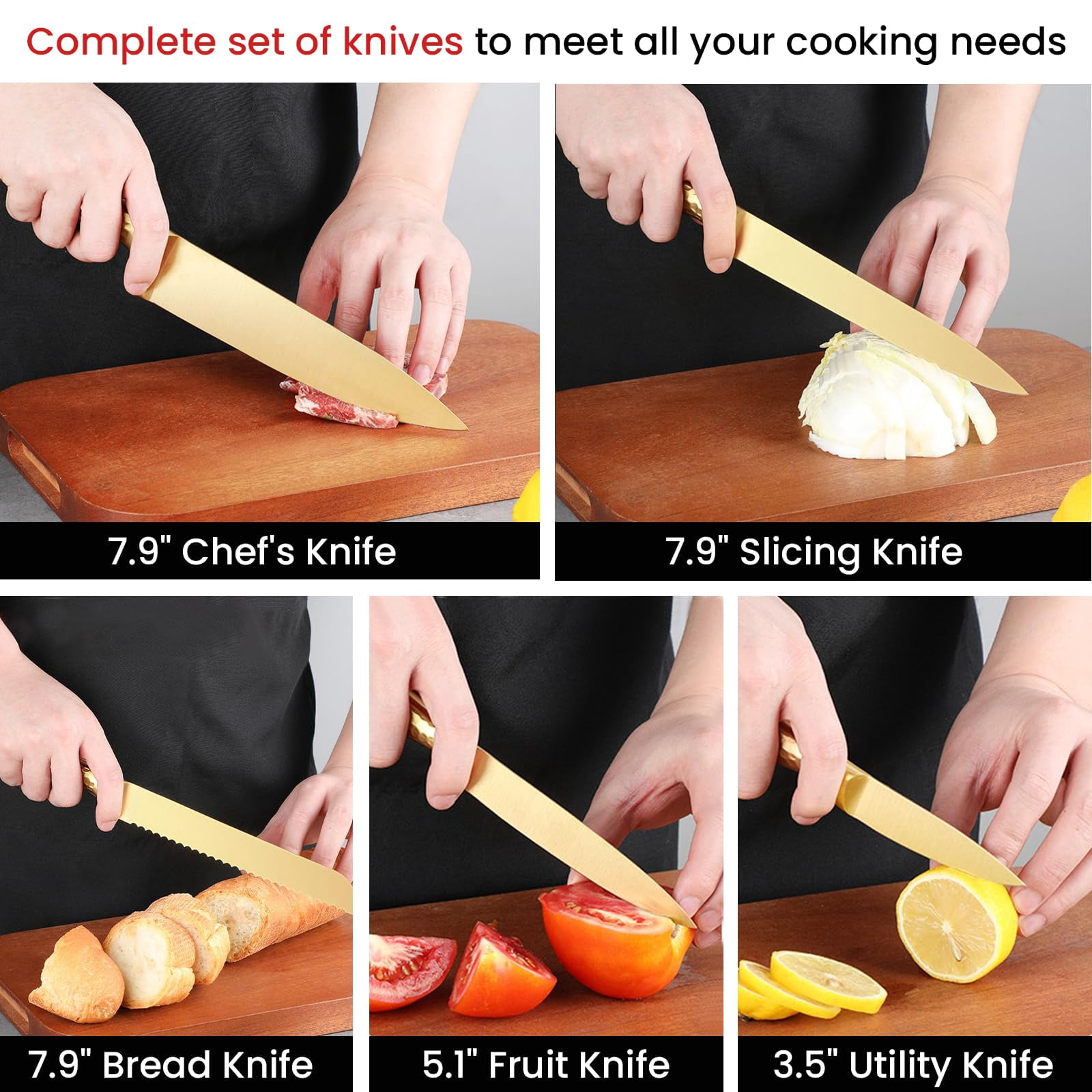 Professional Kitchen Knife Set 6 Piece, High Carbon Stainless Steel Sharp Knives with Ergonomic Hammer Handle, Wooden Magnetic Knife Block Holder, Gold