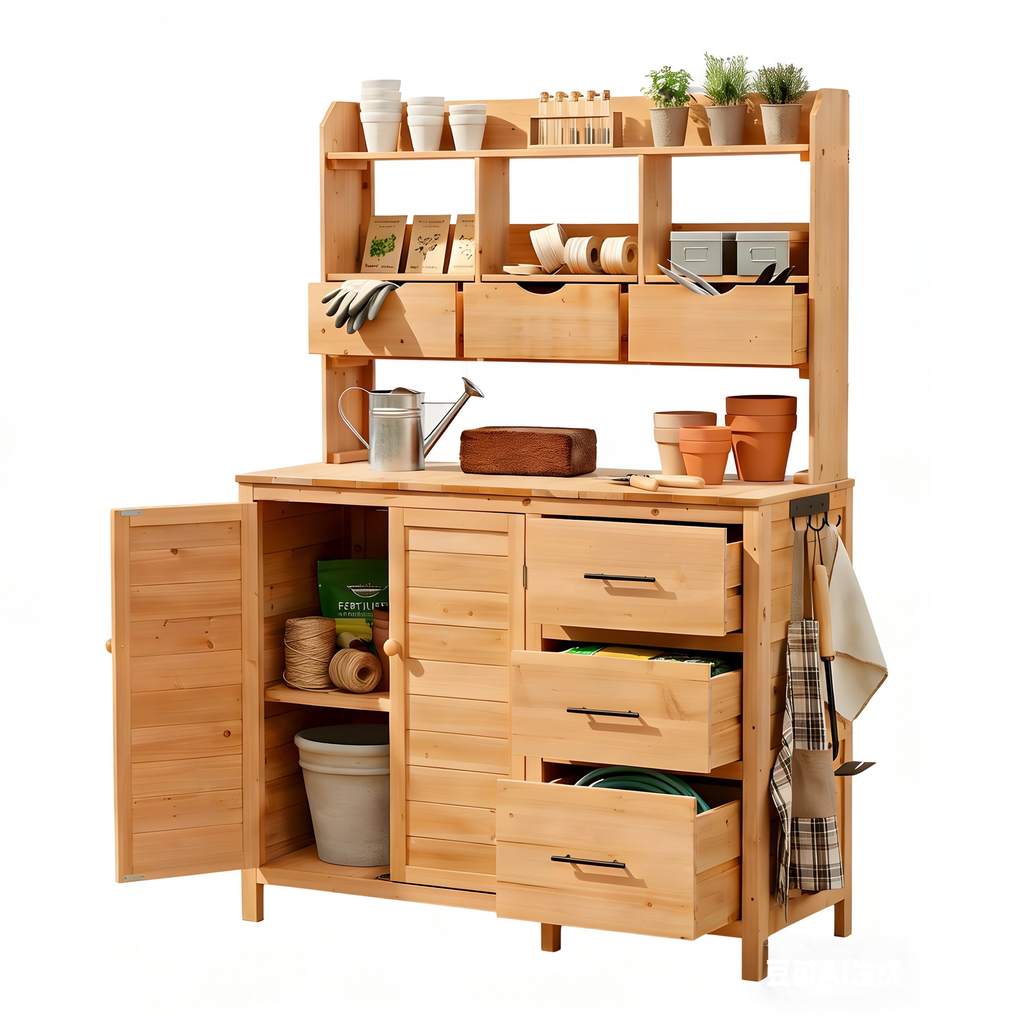 Mintazer 65" Outdoor Farmhouse Potting Bench, Freestanding Garden Workstation with 6 Drawers, Cabinet, Open Shelves & Side Hook, Natural