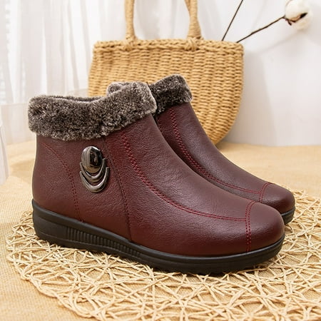 

Juebong Christmas Deals Cotton shoes plus fleece warm flat ankle boots shoes soft bottom non-slip women s shoes 5.5 Red