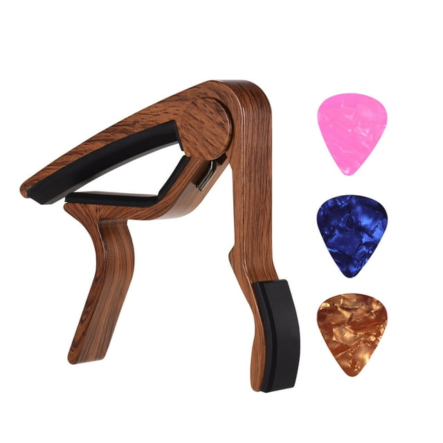 Aluminum Alloy Wood Color Guitar Capo for 6-string Folk Guitar Electric Guitar with 3pcs Random Color Picks
