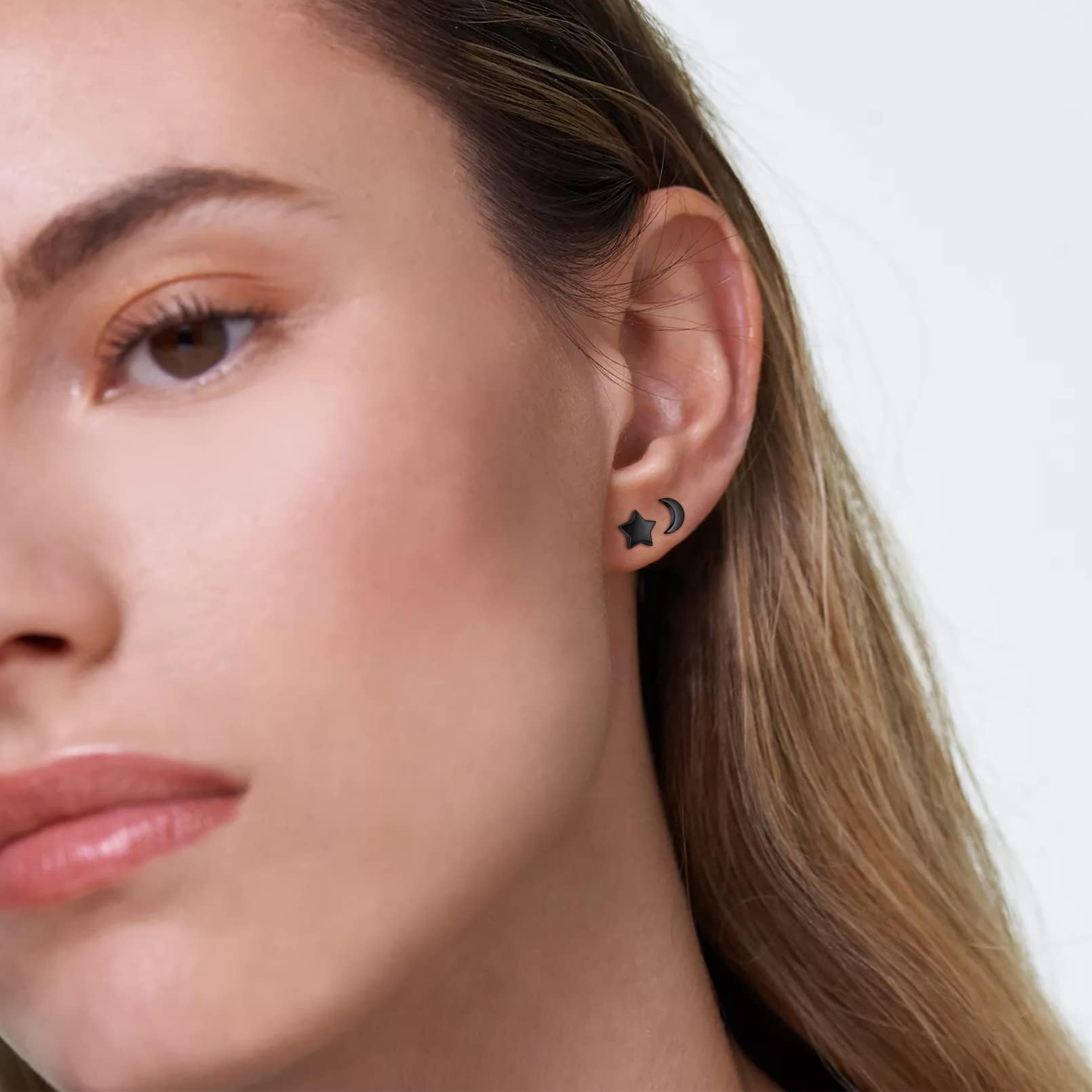 ChicSilver Small Black Earrings for Women Moon Star Stud Earrings Charms Hypoallergenic Sterling Silver Jewelry for Daughter/Wife/Mom/Niece