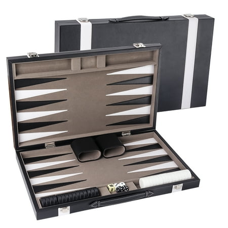 GSE Games & Sports Expert Black&Gray Leather Backgammon Board Game Set. Classical Folding Board Game Set for Kids and Adults - Medium