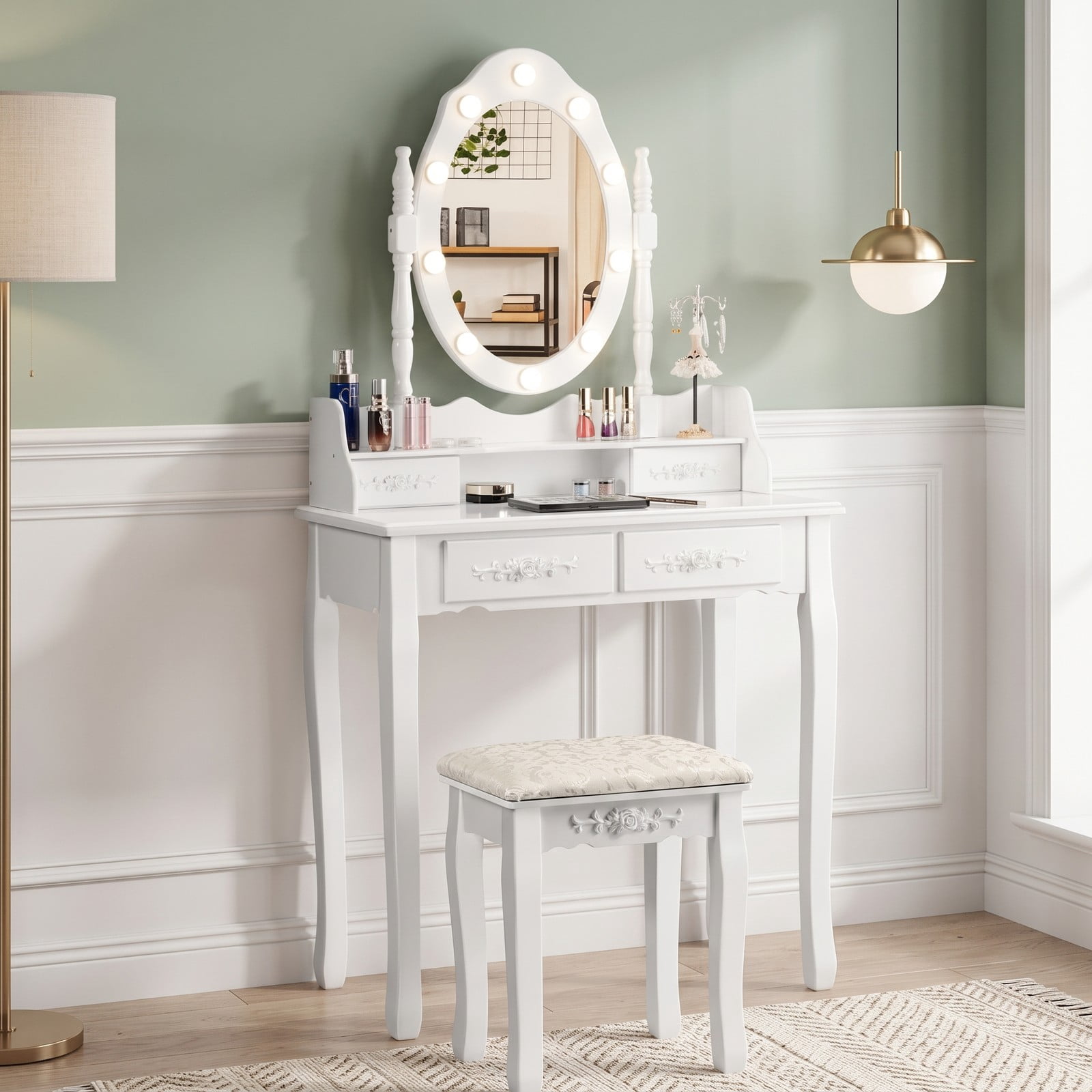 Furnibear Makeup Vanity Table Set with Dimmable Lighted Mirror 4 Drawers Cushioned Stool Wood Legs for Bedroom, White