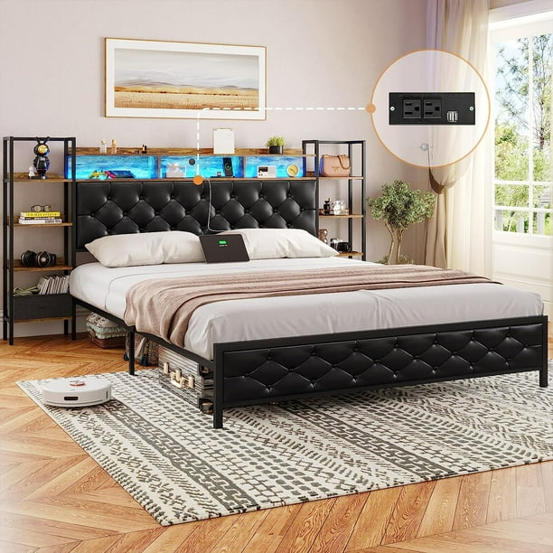 Queen Size LED Bed Frame with Bookcase Storage Headboard, Platform Bed