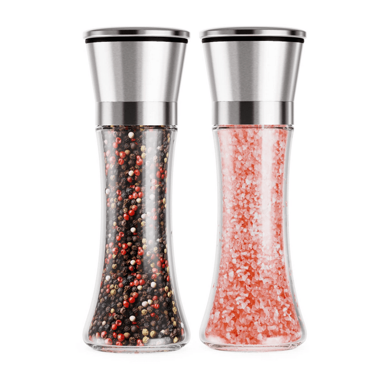 Premium Stainless Steel Salt and Pepper Grinder Set of 2 - Adjustable  Ceramic Sea Salt Grinder & Pepper Grinder - Tall Glass Salt and Pepper  Shakers 
