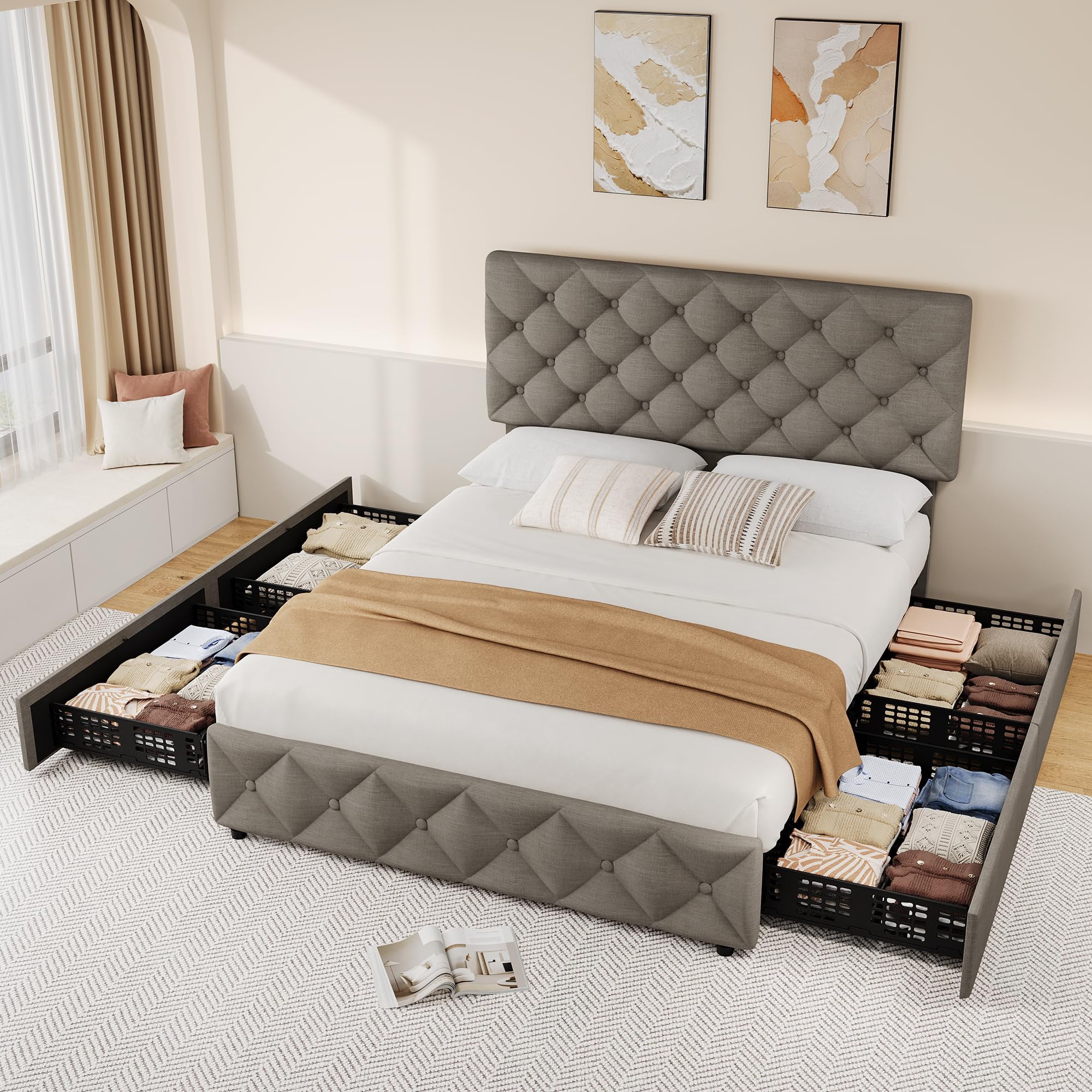 Full/Queen/King Size Bed Frame with 4 Storage Drawers and Headboard, Linen Upholstered Platform Bed Frame, Diamond Stitched Button Tufted, No Box Spring Needed, Easy Assembly
