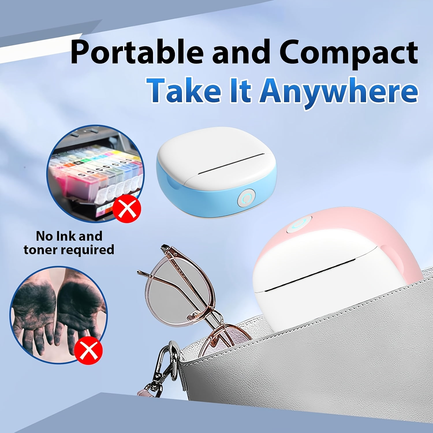Pocket Sticker Printer, Portable Mini Printer, Ink Free Wireless Sticker Maker, with 3 Rolls of Paper, Portable Label Printer, Suitable for Photos, Diaries, Notes, Memos, Diaries, Gifts, Suitable for