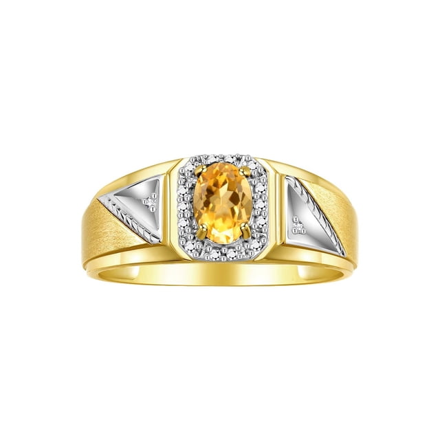 RYLOS Men's Rings 14K Yellow Gold Classic 7X5MM Oval Gemstone & Diamond Ring Citrine November Birthstone Rings For Men Size 9