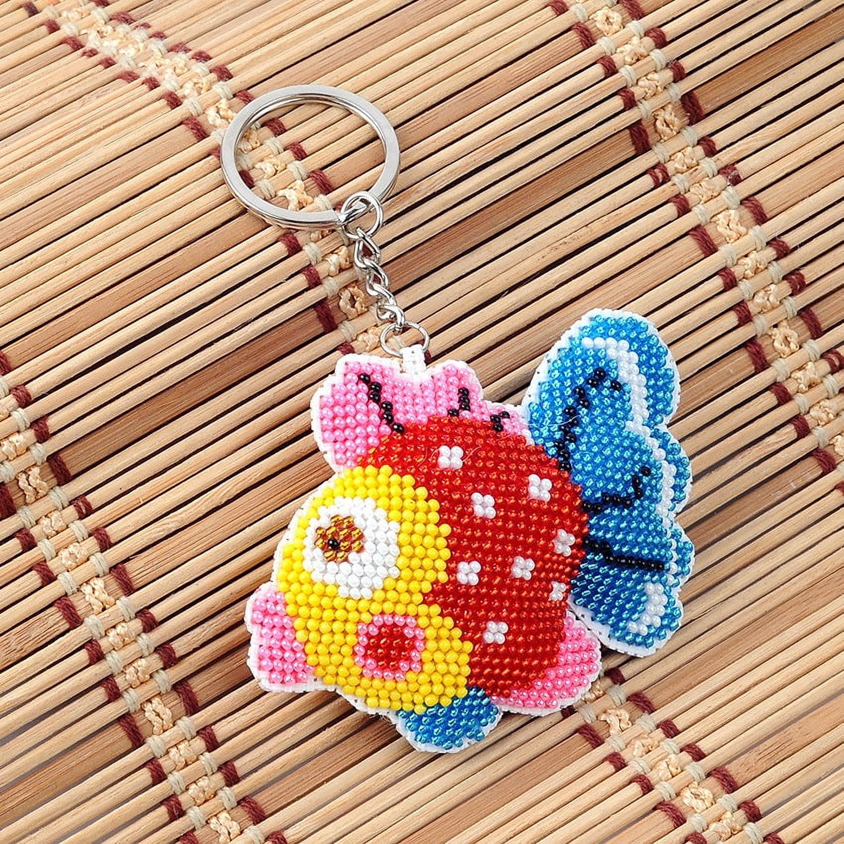 DIY Beaded Keychain Kit Handmade Fashion Accessory Embroidery Supplies with Beads Key Ring and Pattern for Decoration