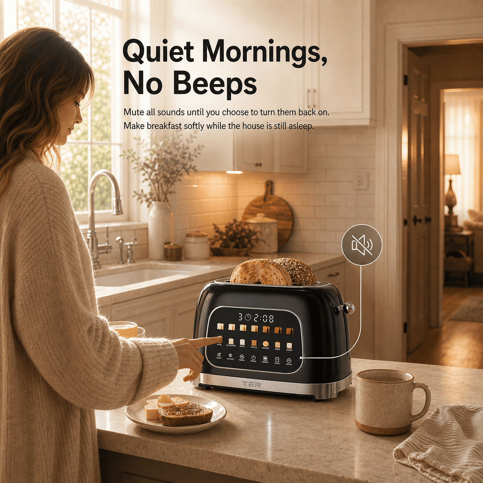 TER Smart 2-Slice Toaster with Touchscreen & Countdown Timer, 7 Bread Modes & 7 Browning Levels, Extra-Wide Slots for Bagels, Mute Mode, Modern Design