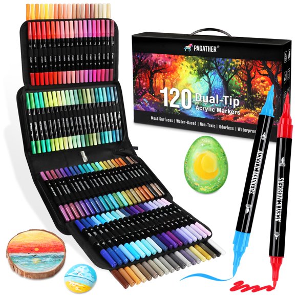 Marcadores de pintura acrílica Pagather de 120 colores con doble punta y estuche