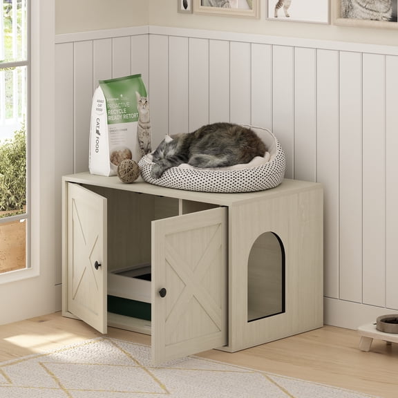 Furinno FH22302WW Peli Farmhouse Cat Litter Box Enclosure, White Wash