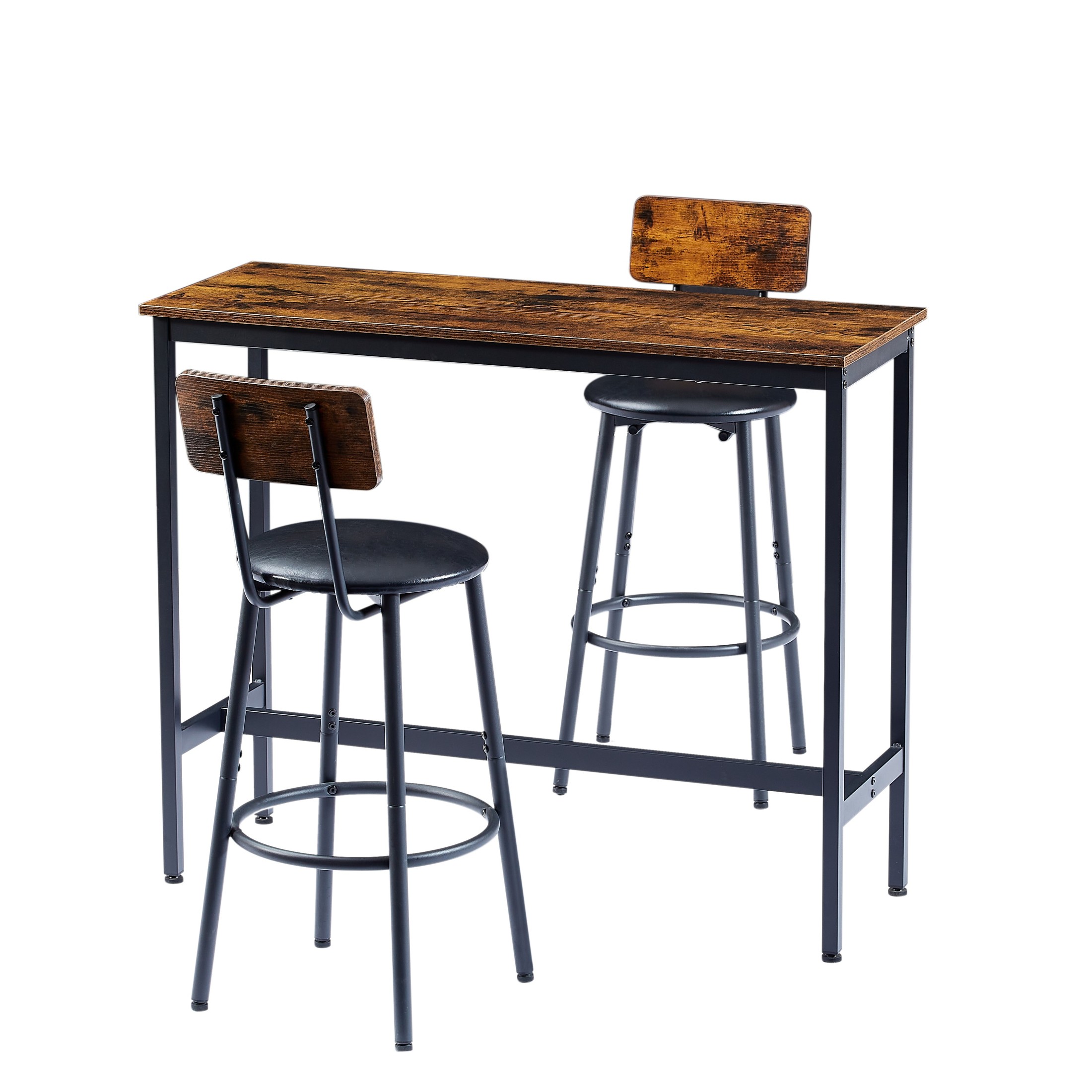 Noble House Industrial 3-Piece Bar Set, Space-Saving Dining Table with 2 PU Upholstered Stools & Backrests, Rustic Brown