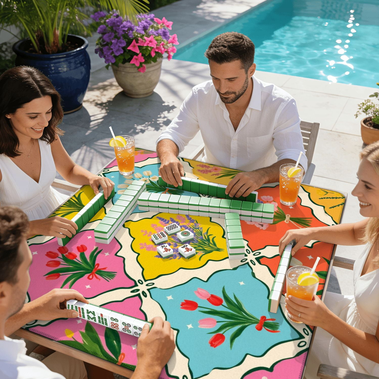 Mahjong Mat 31.5" x 31.5" Floral Colorful Bouquets Geometric Shapes Vibrant Non-Slip Noise Reduction American Mahjong Tiles Table Cover for Dominoes Poker Card Board Games Gift