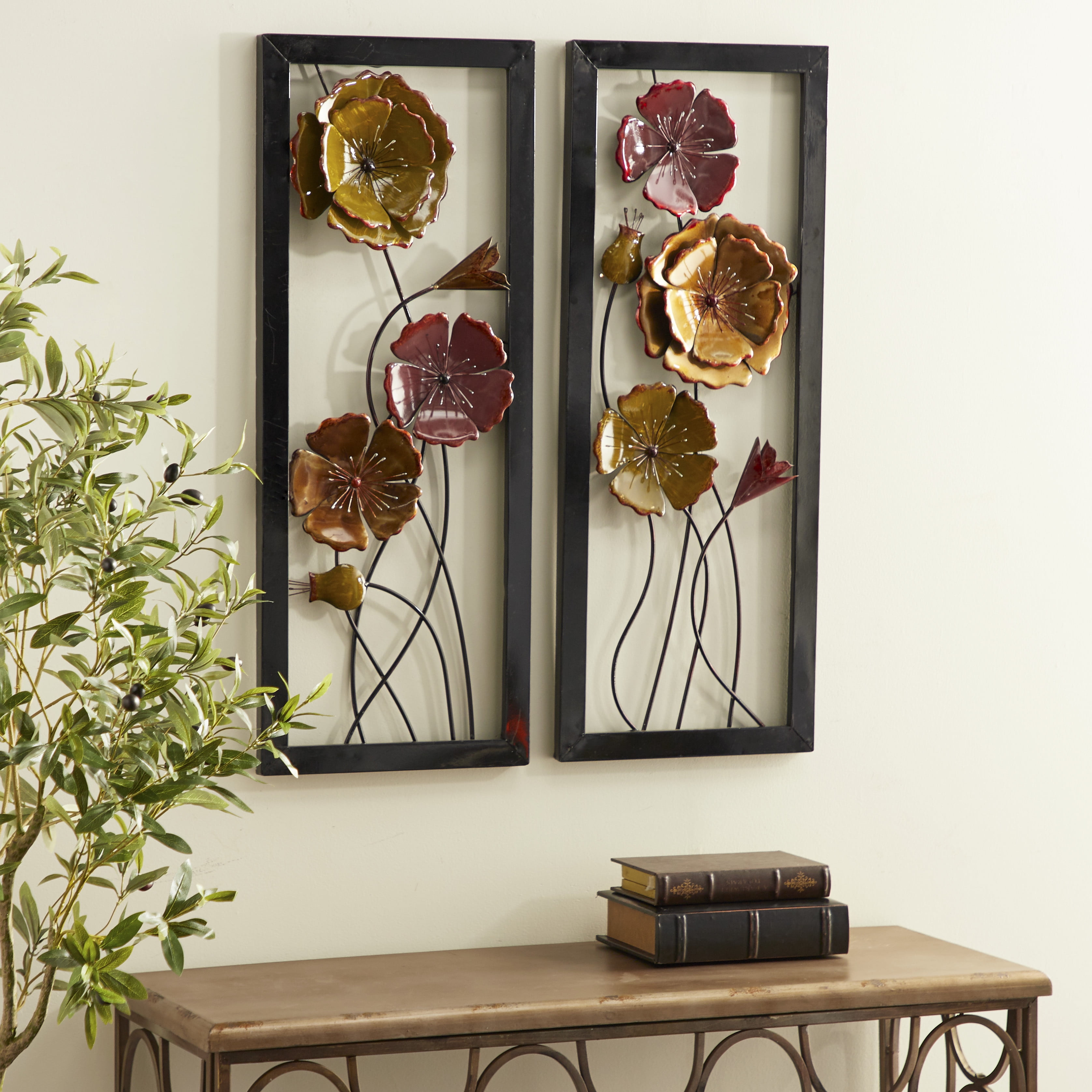 DecMode Set of 2 eclectic 36 x 14 inch rectangular framed flowers wall