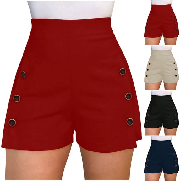 RongHuan Womens Fshion Shorts Elegant A Line Short Pants Summer Casual High Waisted Shorts Solid Color Button Shorts