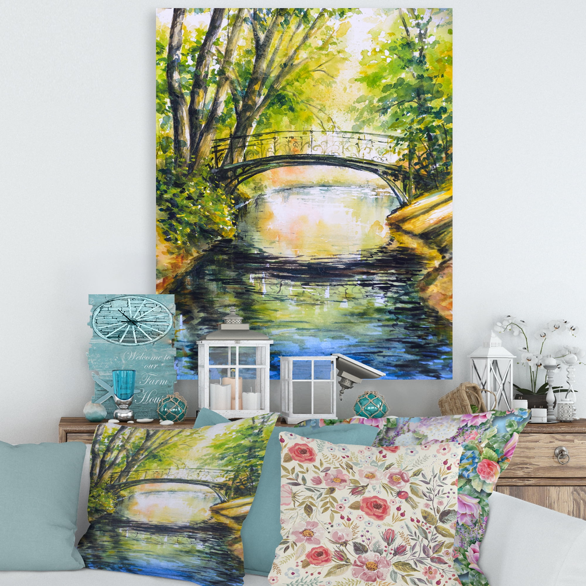 Forest Park With Bridge Over Troubled Water 8 in x 12 in Painting Canvas Art Print, by Designart
