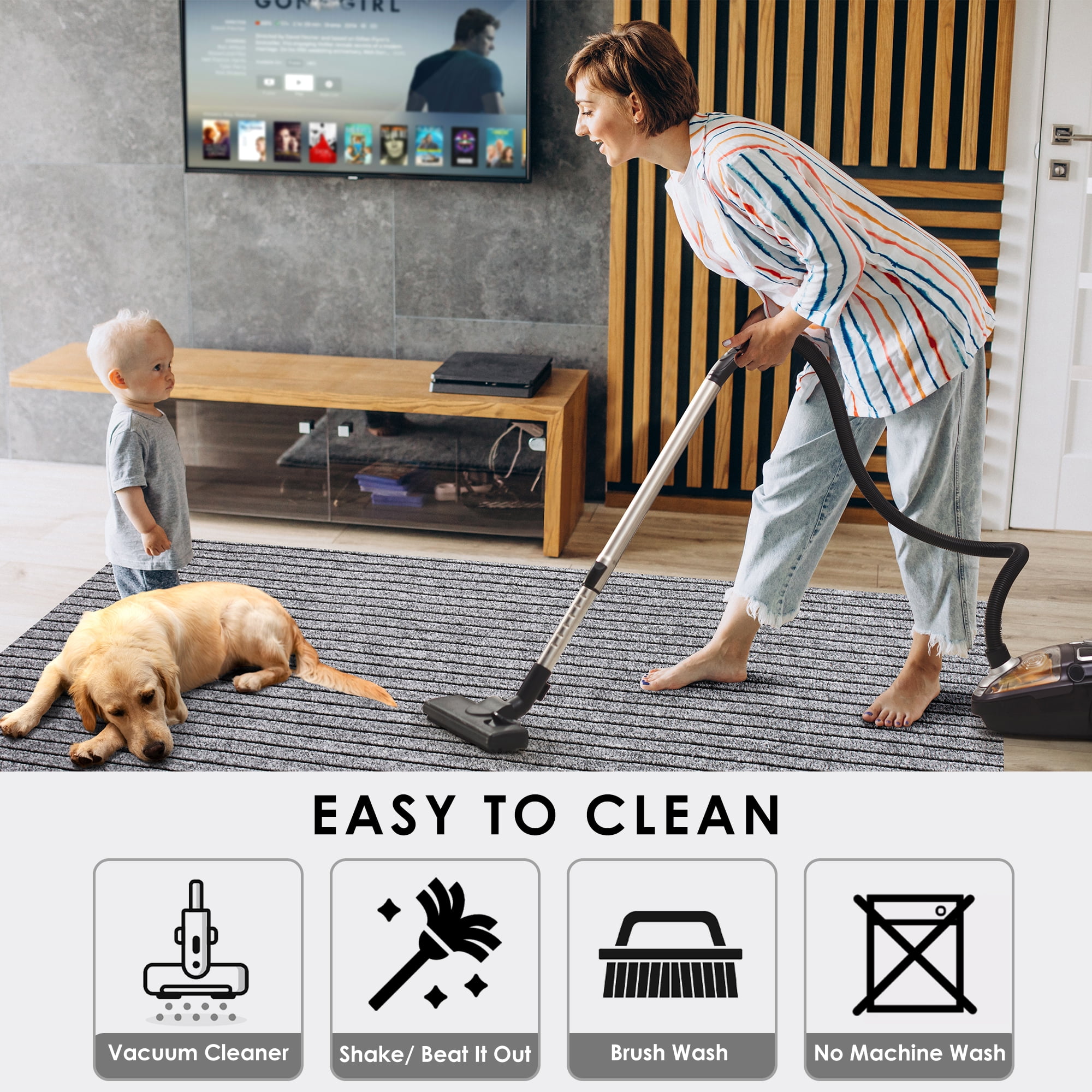 Koloko Runner Rugs Outdoor Indoor Non-Slip Area Rug Long Carpet Runners with Rubber Backing Mat Custom Size for Hallway Kitchen Entryway Garage, Grey Striped, 2' x 6'